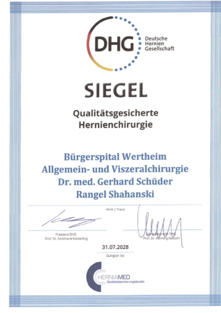 DHG-Zertifikat Qualitätsgesicherte Hernienchirurgie – Bürgerspital Wertheim, gültig bis 31.07.2028