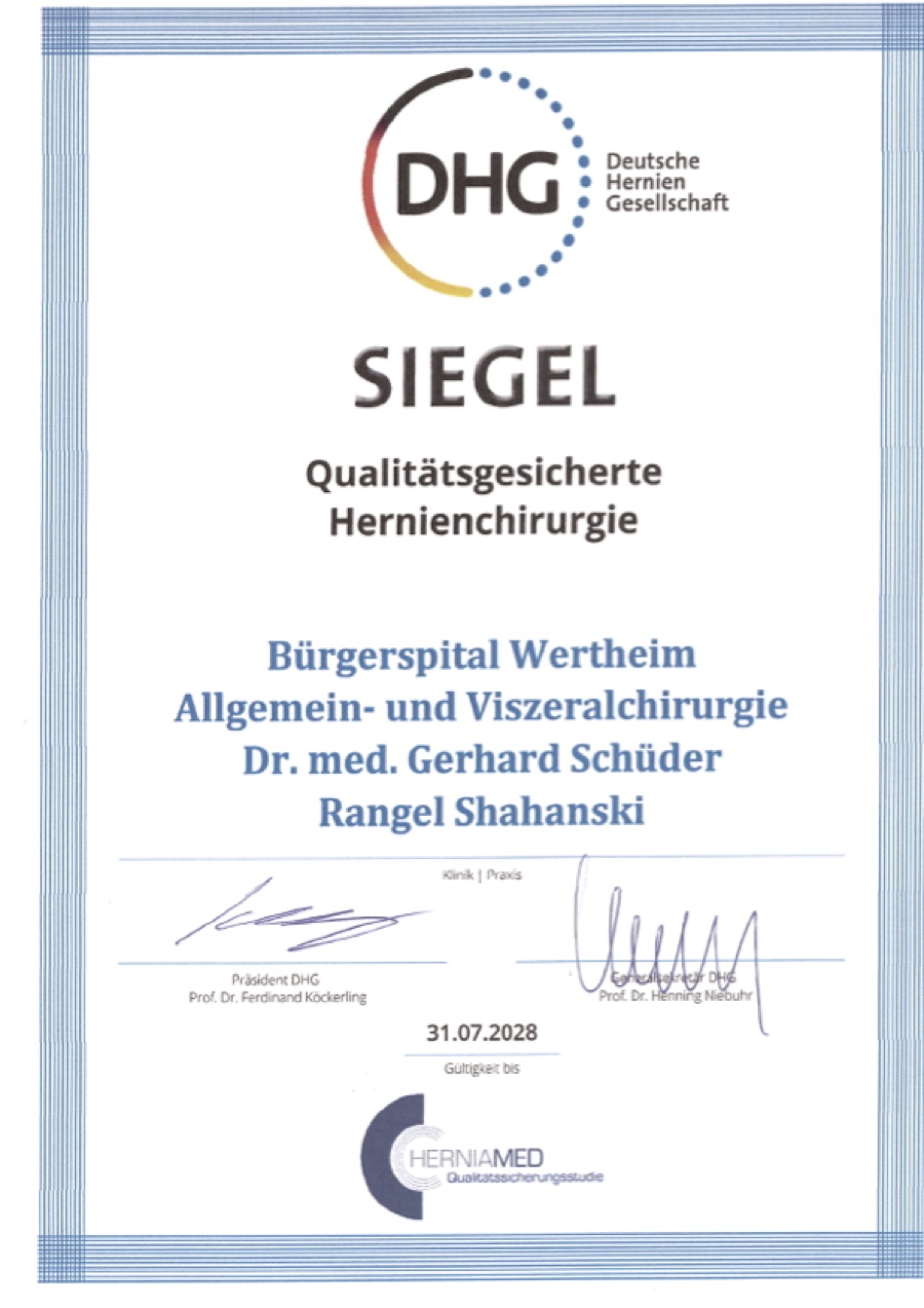 Bürgerspital Wertheim erreicht Qualitätssiegel in der Hernienchirurgie: Deutsche Herniengesellschaft zeichnet die Abteilung für Allgemein- und Viszeralchirurgie aus 3 - Bürgerspital Wertheim Zertifikat der Deutschen Herniengesellschaft für das Bürgerspital Wertheim