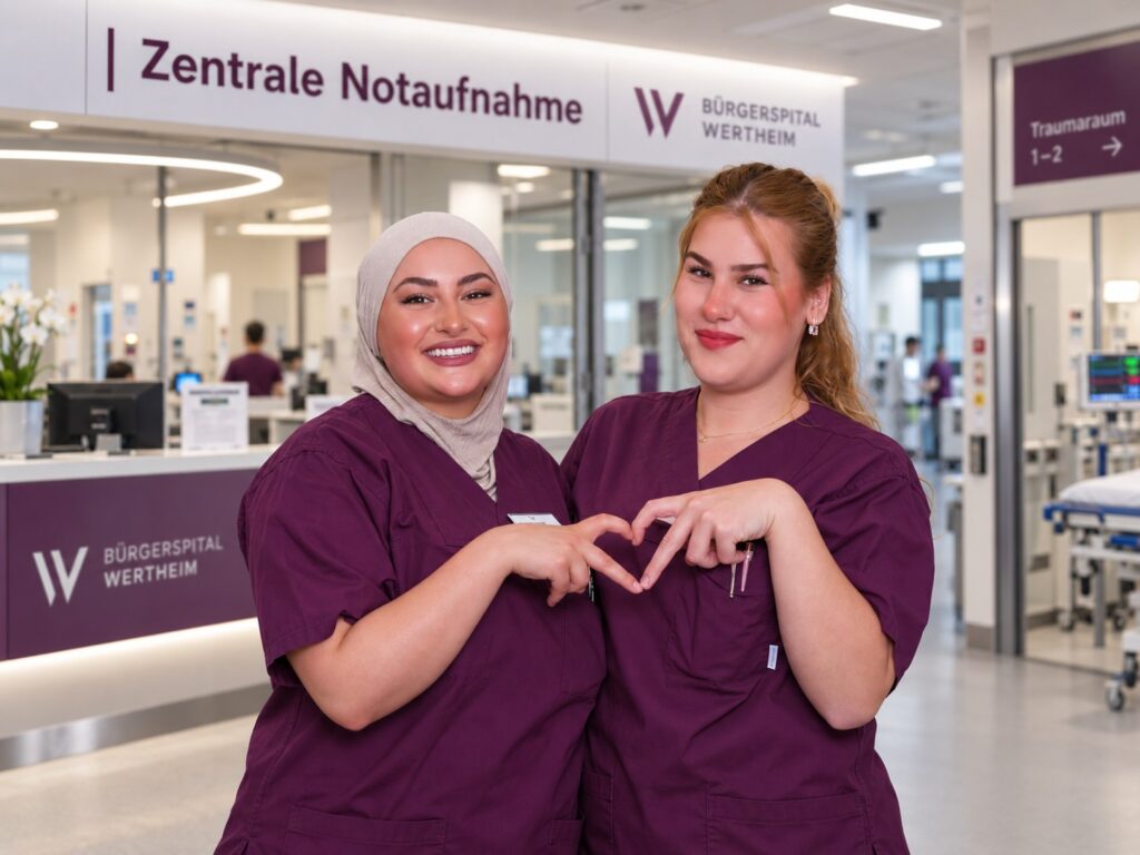 Bürgerspital Wertheim: Zentrale Notaufnahme ab 1. Oktober 2026 rund um die Uhr geöffnet 1 - Bürgerspital Wertheim Zwei Pflegekräfte des Bürgerspitals Wertheim formen vor der Zentralen Notaufnahme mit den Händen ein Herz
