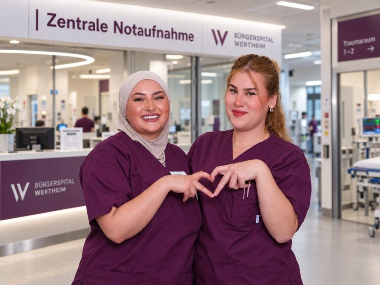 Zwei Pflegekräfte des Bürgerspitals Wertheim formen vor der Zentralen Notaufnahme mit den Händen ein Herz